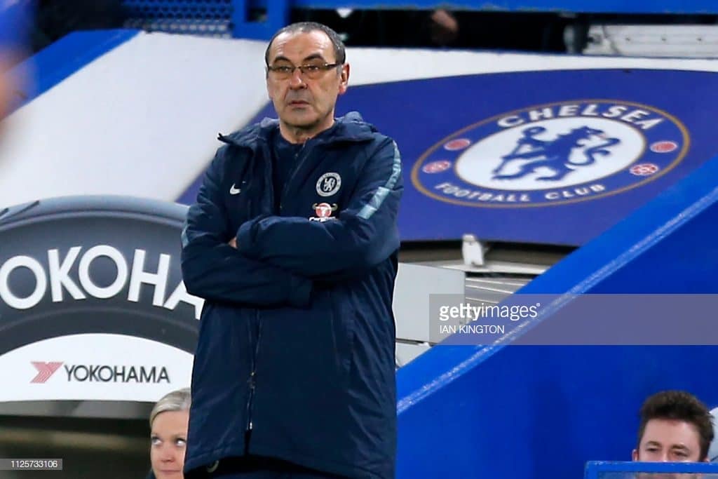 Chelsea's Italian head coach Maurizio Sarri watches from the touchline during the English FA Cup fifth round football match between Chelsea and Manchester United at Stamford Bridge