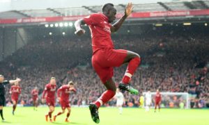 Sadio Mané celebrates scoring Liverpool’s second goal against Burnley.