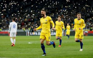 Chelsea striker, Olivier Giroud celebrates after scoring hat-trick vs Dynamo kiev yesterday