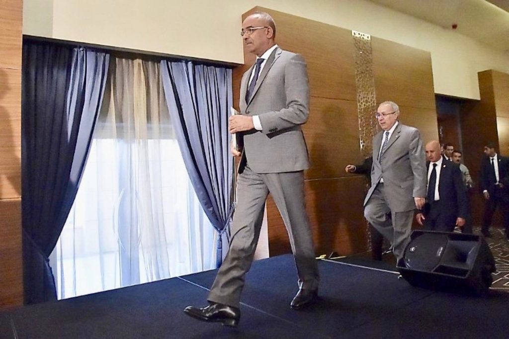 Algeria's Prime Minister Noureddine Bedoui arrives for news conference in Algiers earlier this month