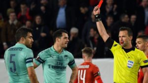 Socratis Shown red in their defeat against Rennes in Europa league yesterday