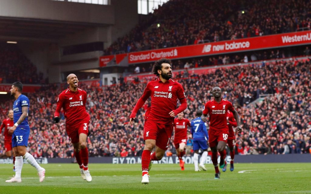 Mohammed Salah Celebrates after he scored in their win over Chelsea at Anfield