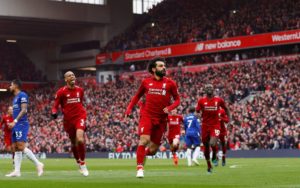 Mohammed Salah Celebrates after he scored in their win over Chelsea at Anfield
