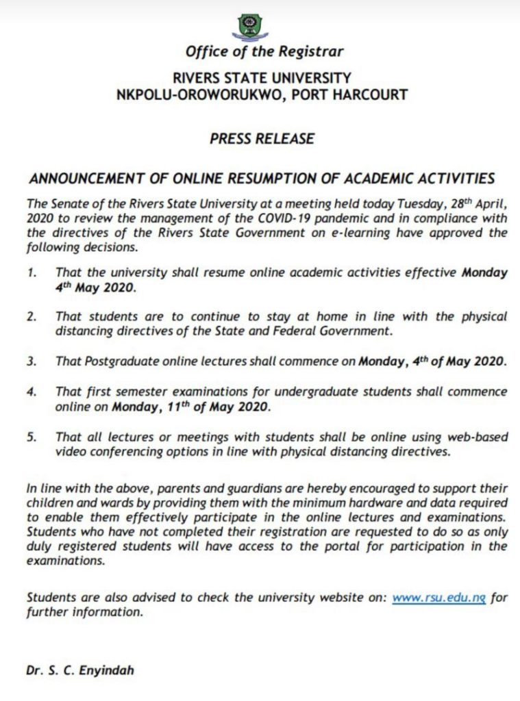 Breaking News COVID-19: Rivers State University begins exams lectures online