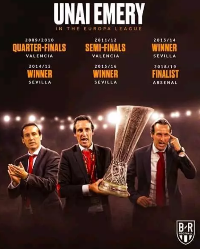 Unai Emery winning the Europa cup title.