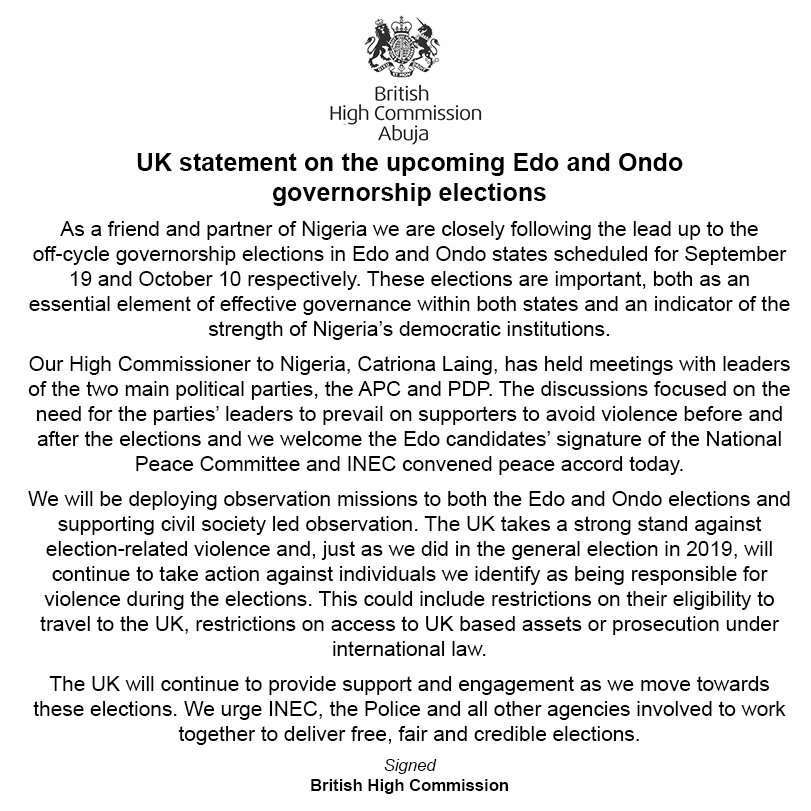 Edo Election: UK to sanction sponsors of violence